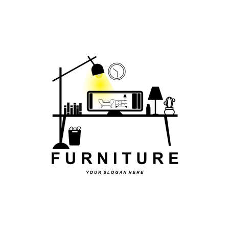 furniture logo, home furnishing design, room icon illustration, table, chair, lamp, frame, clock, flower potのイラスト素材
