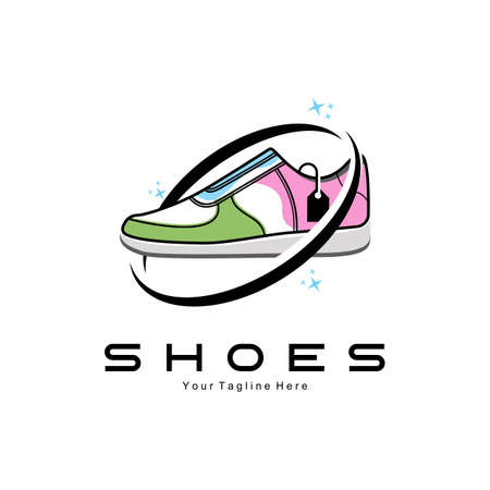 Sneakers Shoe Logo Design, vector illustration of trending youth footwear, simple funky conceptのイラスト素材