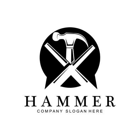 hammer, building construction tools and judge logo vector icon, vintage retro design illustrationのイラスト素材