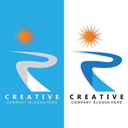 River And Sun Logo Design, Natural Landscape Illustration, Company Brand Vectorのイラスト素材
