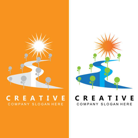 River And Sun Logo Design, Natural Landscape Illustration, Company Brand Vectorのイラスト素材
