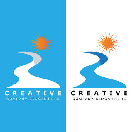 River And Sun Logo Design, Natural Landscape Illustration, Company Brand Vectorのイラスト素材