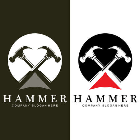 hammer, building construction tools and judge logo vector icon, vintage retro design illustrationのイラスト素材