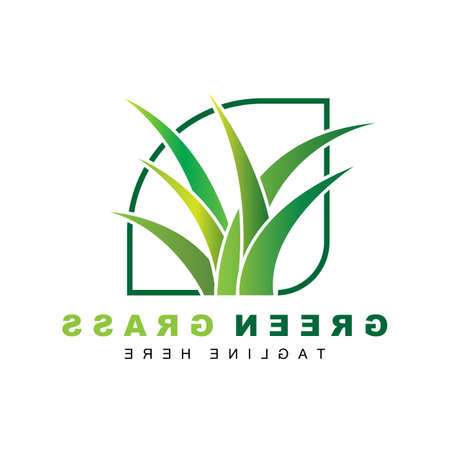 Green Grass Logo Design, Farm Landscape Illustration, Natural Scenery Vectorのイラスト素材