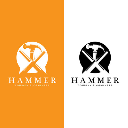 hammer, building construction tools and judge logo vector icon, vintage retro design illustrationのイラスト素材