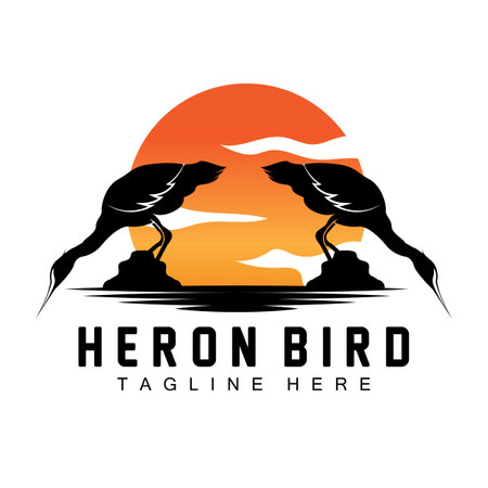Bird Heron Stork Logo Design, Birds Heron Flying On The River Vector, Product Brand Illustrationのイラスト素材