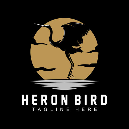 Bird Heron Stork Logo Design, Birds Heron Flying On The River Vector, Product Brand Illustrationのイラスト素材