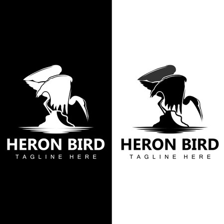 Bird Heron Stork Logo Design, Birds Heron Flying On The River Vector, Product Brand Illustrationのイラスト素材