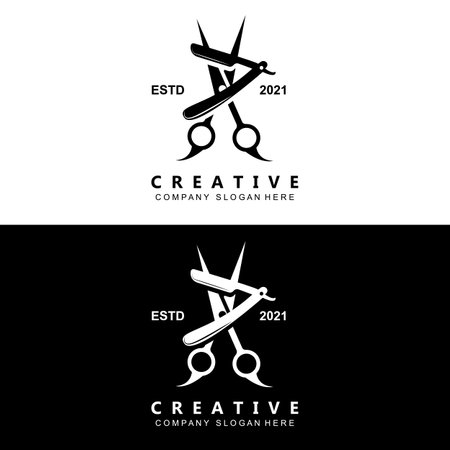 Barbershop Logo Vector Stylish Hair Design For Haircut, With Scissors And Shaverのイラスト素材