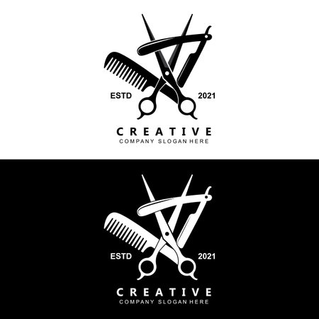 Barbershop Logo Vector Stylish Hair Design For Haircut, With Scissors And Shaverのイラスト素材