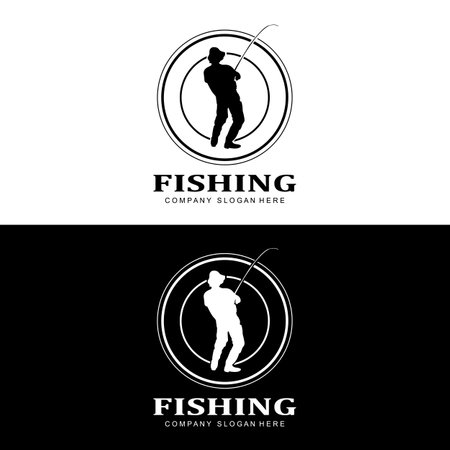 fishing logo icon vector, catch fish on the boat, outdoor sunset silhouette designのイラスト素材