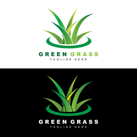 Green Grass Logo Design, Farm Landscape Illustration, Natural Scenery Vectorのイラスト素材