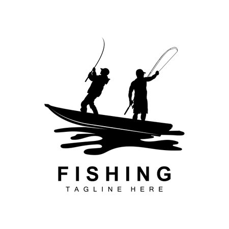 fishing logo icon vector, catch fish on the boat, outdoor sunset silhouette designのイラスト素材