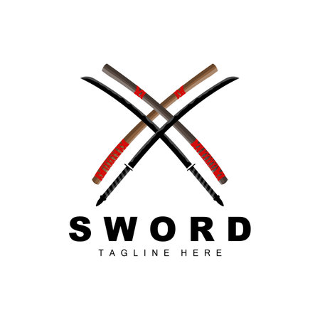 Sword Logo, Samurai Katana Monochrome Design, Vector War Weapon Cutting Tool Template Iconのイラスト素材