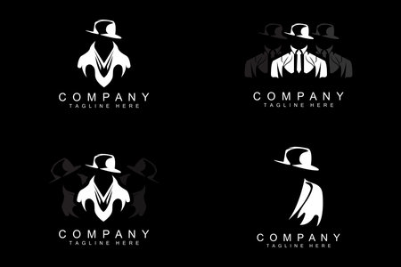 Detective Man Logo Design, Mafia Detective Fashion Tuxedo And Hat Illustration Vector, BlackMan Businesman Iconのイラスト素材