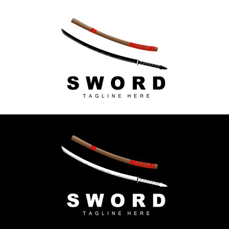 Sword Logo, Samurai Katana Monochrome Design, Vector War Weapon Cutting Tool Template Iconのイラスト素材