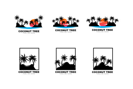 Coconut Tree Logo, Palm Tree Sunset Beach Vector, Elegant Minimalist Simple Design, Symbol Template Iconのイラスト素材