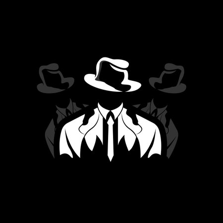 Detective Man Logo Design, Mafia Detective Fashion Tuxedo And Hat Illustration Vector, BlackMan Businesman Iconのイラスト素材