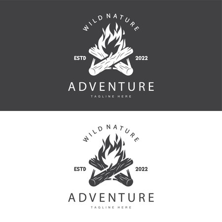 Bonfire Logo, Burning Bonfire Wood And Fire For Camping Retro Vintage Adventure Designのイラスト素材