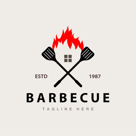 Barbeque logo design bar restaurant hot grill fire logo and spatula simple illustrationのイラスト素材