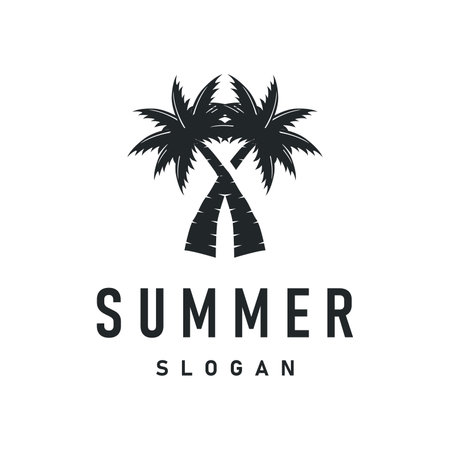concept with summer beach with palm trees, ocean and sunset logo beach summer illustration templateのイラスト素材