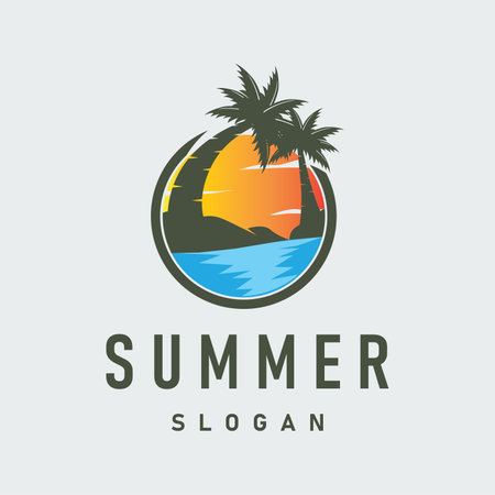 concept with summer beach with palm trees, ocean and sunset logo beach summer illustration templateのイラスト素材