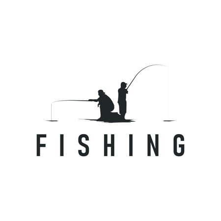fishing logo concept black silhouette angler with his fishing rod simple symbol template design