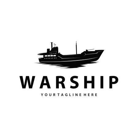 Warship logo design concept black silhouette of ocean liner with heavy weapons design as illustration of poster template or product brandのイラスト素材