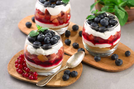 blueberry dessert, cheesecake, trifle, parfaits on gray stone background.の写真素材