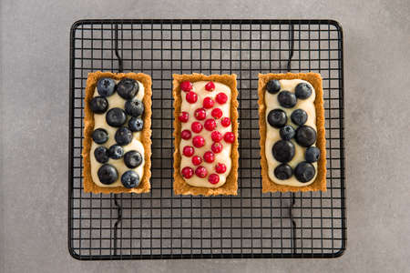 blueberry and red currant tart on gray stone background. top view.の写真素材