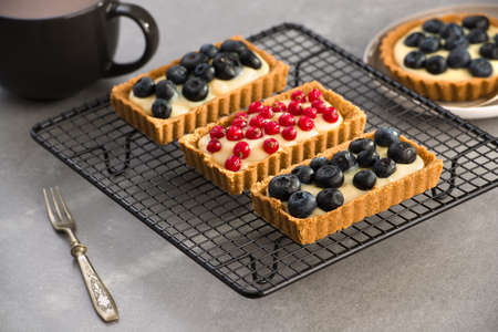 blueberry and red currant tart on gray stone backgroundの写真素材