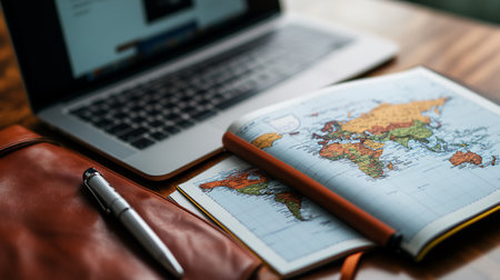 A laptop, a world map, and a pen on a desk.  Preparing for an exciting journey!の素材