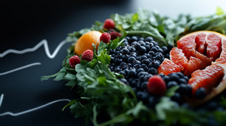Close-up of assorted fresh fruits and leafy greens.  A vibrant and healthy food composition.の素材