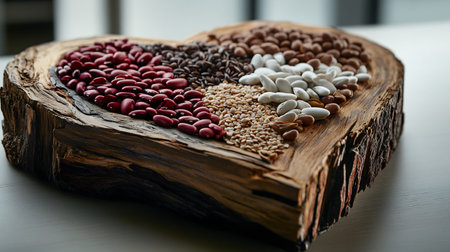 Assorted legumes and grains arranged in a heart shape on a rustic wooden platter.の素材