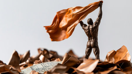 Bronze bodybuilder figurine holding a fabric, signifying triumph.  A powerful image of strength and success.の素材