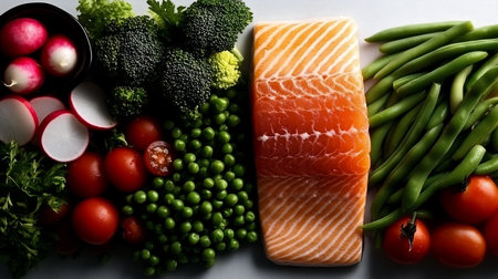 A vibrant image showcasing fresh salmon fillet accompanied by an array of colorful vegetables, including broccoli, peas, tomatoes, and green beans. A healthy and delicious meal.の素材