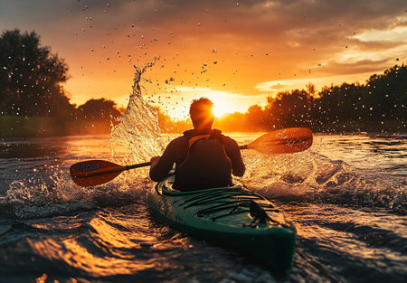 Silhouette of a kayaker paddling on a river during a vibrant sunset. Golden light illuminates the scene.の素材