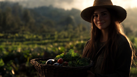 A young woman smiles, holding a basket of freshly harvested vegetables at sunset in a lush field.の素材