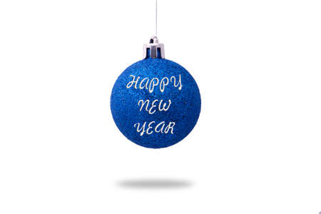 Christmas ball hanging with written on white backgroundの写真素材