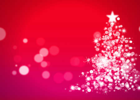 Christmas tree with defocused lights. Red backgroundの写真素材