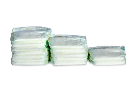 Three stacks of diapers isolated on white backgroundの写真素材