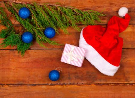 Christmas decoration with presents on wood boardの写真素材