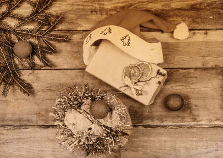 Retro christmas decoration on wood boardの写真素材