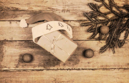 Retro christmas decoration on wood boardの写真素材