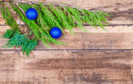 Christmas decoration with presents on wood boardの写真素材