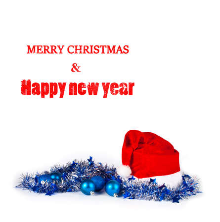 Christmas decorations with santa hat on whiteの写真素材