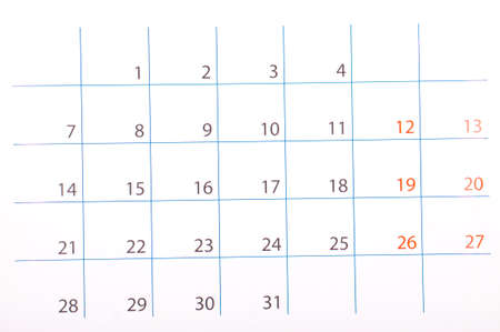 Closeup of dates on calendar pageの写真素材