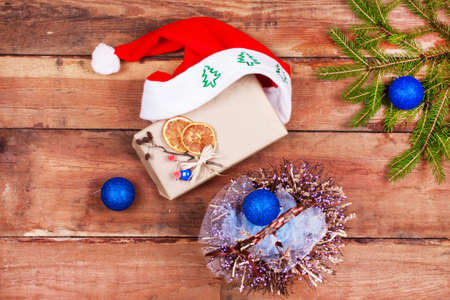 Christmas decorations with santa hat on whiteの写真素材