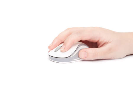 Hand click on modern computer mouse isolated on a white background