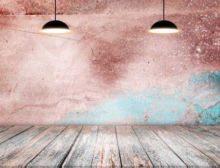 brick concrete room with ceiling lamps